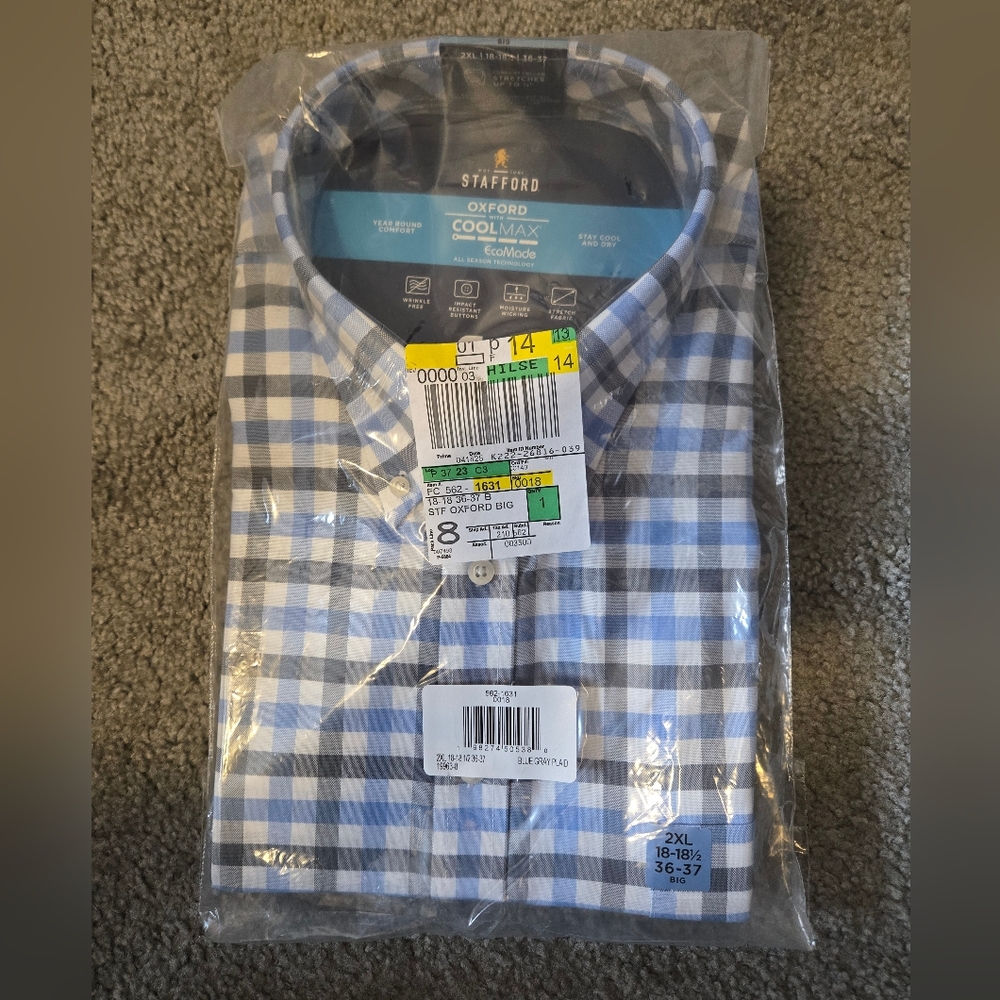 NWT! Stafford Men's Oxford Coolmax Shirt in Blue & White Check Sz 2XL Big 36-37